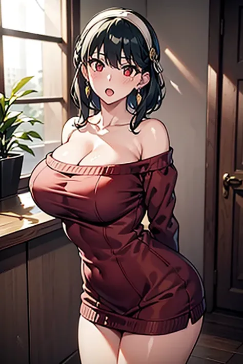 masterpiece, yor, 1girl, Bust A Cup, Amazing Cleavage:1.0, thin waist, big ass, Raised sexy, medium breast: 1.0 posed cleavage:1.2、solo, looking at viewer, open mouth, black hair, red eyes, dress, bare shoulders, jewelry, collarbone, sidelocks, hairband, e...