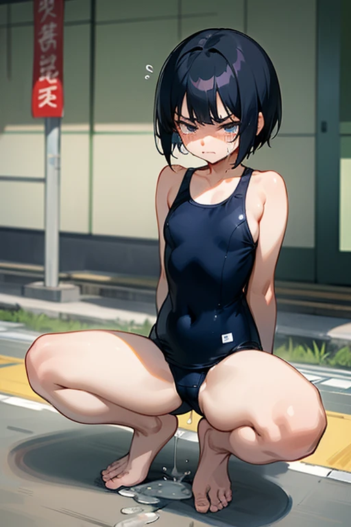 18 year old Japanese, high school student、Black very short hair、boyish、small size of breasts, Flat Chest、Sidelim body, Squat posture、Spread your legs, Spread your legs, Only one girl, One piece swimsuit、Navy blue school swimsuit、Front of body、looking at th...