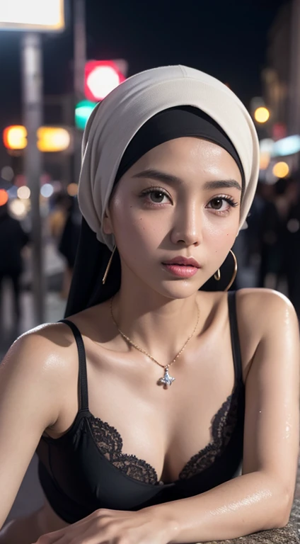 Beautiful fair skin matured indonesia girl in hijab, laying down at city night, public street, seductive innocent sexy face, 30 years old, ultra detail face, detail skin texture and wrinkle, water, wearing hijab, wear black bra and panties, small breast, f...