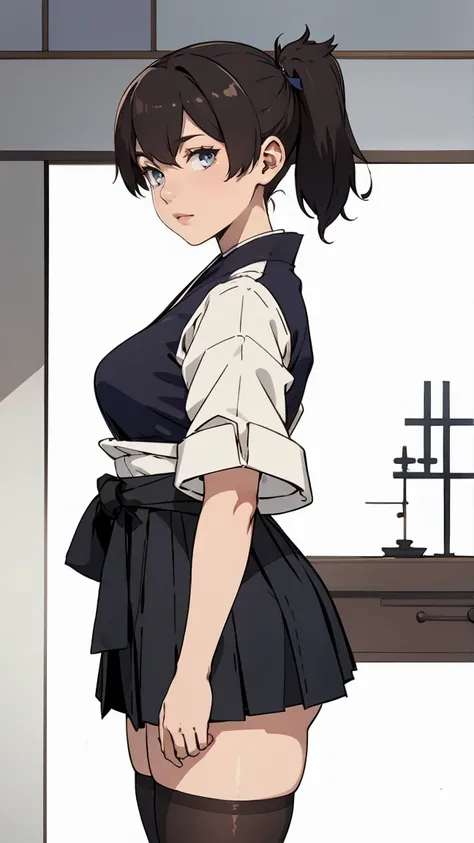 (masterpiece, highest quality) detailed, wear black tights, kaga (kancolle), {{kaga kai ni (kancolle)}}, side ponytail, brown eyes, black long hair, black thighhighs, short skirt, hakama skirt, japanese clothes, , blue hakama, hakama, muneate, tasuki, ，who...