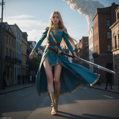 ((Full body photo,standing, feet on the ground)) young beautiful european woman, blue and yellow dress, warrior girl, full body head to toes, brave face, ultra realistic, long blond hair, fit body, holding a sword, epic movie background, city on fire, blur...