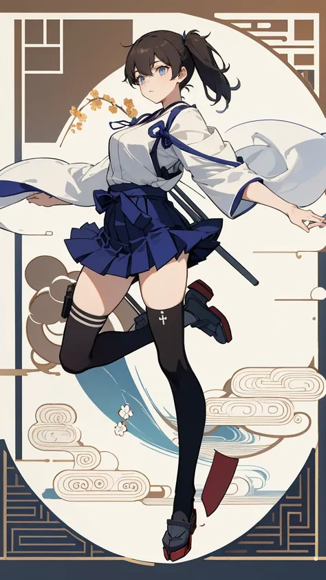 (masterpiece, highest quality) detailed, kaga (kancolle), {{kaga kai ni (kancolle)}}, side ponytail, brown eyes, black long hair, black thighhighs, short skirt, hakama skirt, japanese clothes, , blue hakama, hakama, muneate, tasuki, ，whole body，Chinese ele...