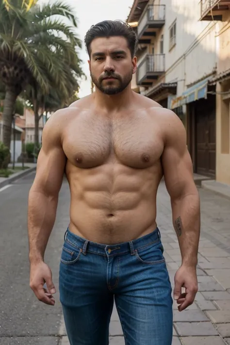 Rogelio Martínez, hombre barbudo y musculoso, muy guapo y varonil, intrincado, elegant, Sharp focus, foto de greg rutkowski, Soft lighting, Colores vibrantes, Obra maestra, ((calles)), cuerpo completo, jeans  shirtless, same model 