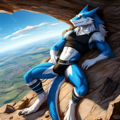 A top-down POV of a giga giant, furry and slim anthropomorphic sergal with white fur that has glowing blue markings, blue glowing eyes and short messy white hair wearing a black crop-top, a light blue jockstrap with a giant bulge and black stirrup socks wh...