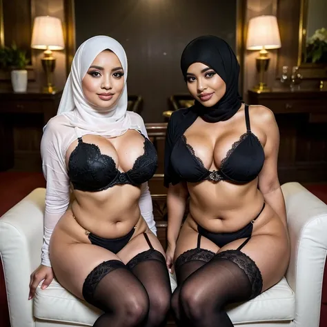 In a regal setting, two sexually attractive hourglass figure adult video star thick (hijabi) (Muslim) MILF sit side by side on a magnificent throne, radiating elegance and confidence. They share the same height and body proportions, creating a visually stu...