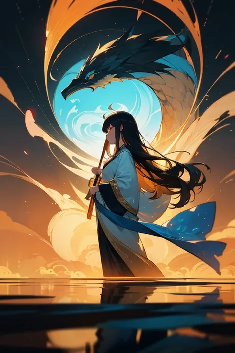 A beautiful Chinese girl standing on the water, misty reflection, a huge phoenix divine bird in the sky, magic, fantasy, dynamic posture, composed of colorful glowing flames, delicate face, delicate eyes, long black and golden hair, wearing amber and sky b...