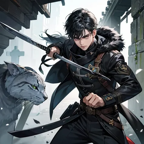 Garoto bonito detalhado, com moletom preto com capuz, cabelo preto, using swords that may have mystical powers and with him he has a striped stray cat, the cat is in tactical military attire.