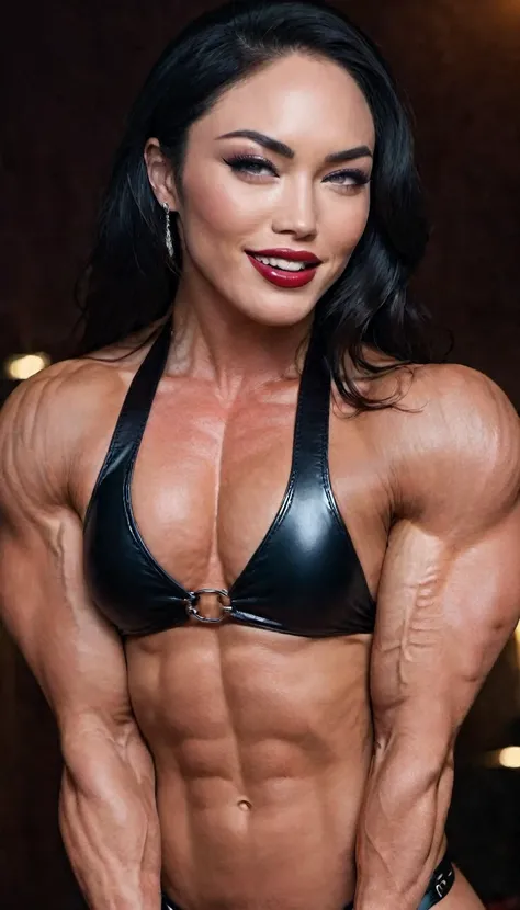 (1 girl), (megan fox:1.25), (Muscular:1.9), ((wide shoulders:1.5)), (asian girl:1.5), (dominatrix girl in latex body harness:1.5), long black hair, (wearing glasses:1.1), earrings, eyes-shadow, lipstick, mole under eye, (ten pack abs:1.5), upper body view,...