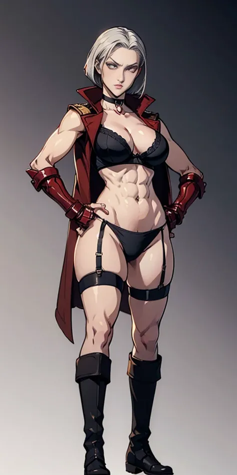 ((Plain background 1:2)) (Cammy White Street Fighter white silver short bob haircut) Female full body standing straight symmetrical looking to the viewer RED full body armored (handcuffs, shackles, rerebrace, faulds, poleyn, gauntlets, leather collar choke...