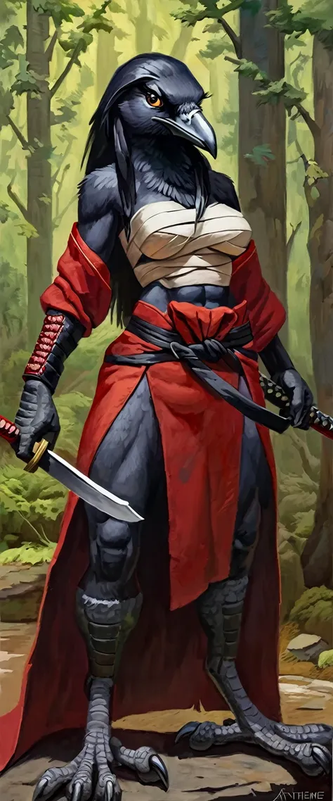 Female crow, solo, masterpiece, by anthony thieme, samurai ronin, dark red skirt, standing, forest, serious expression, abs, chest wraps, long hair, katana,avian feet, elegant,