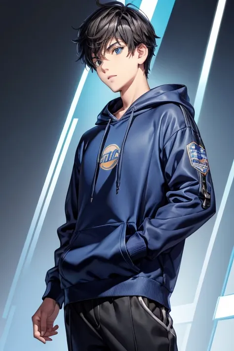 A boy with black hair and blue hoddie , blue thunder background