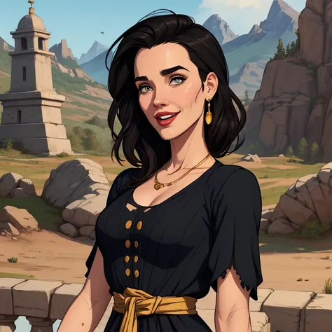 Xena princess sensual witch clothes GTA sensual portrait mode sesys style Cartoon style digital illustration Monica Bellucci together boyfriends Cartoon style character GTA mode portrait sensual witch clothes Cartoon style character happy facial expression...