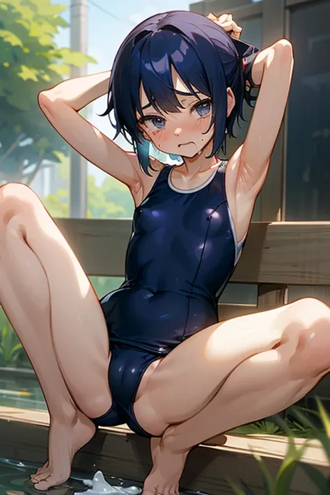 18 year old Japanese, Visible nipples、Berry Short、boyish、small size of breasts, Flat Chest、Sidelim body, Squat posture、Spread your legs, Spread your legs, Only one girl, One piece swimsuit、Navy blue school swimsuit、Front of body、looking at the camera、Scare...