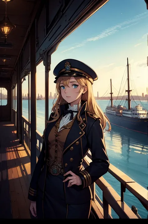 titanic reimagined as a 26 year old steampunk capitaine girl aborde a train looking over a steampunk town