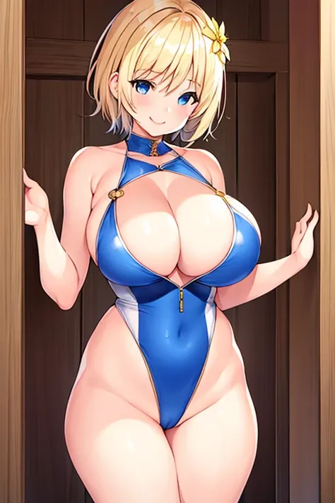 1girl, blonde hair, very short hair, short hair, flower, flower orbament, ornament, hair ornament, blue eyes, one-piece swimsuit, competition swimsuit, large breasts, wide hips, thick thighs, smile, breasts supress, ((breast suppress)), hands on breasts