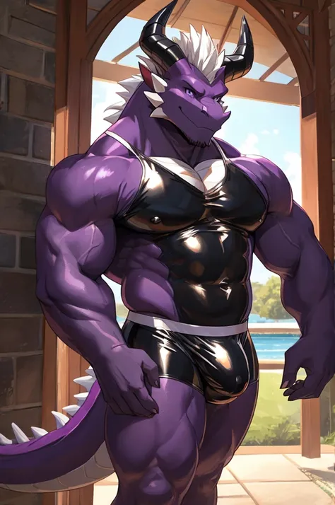 Dragon, purple scales with white on belly, short horns, dad body, big bulge, black latex speedo,