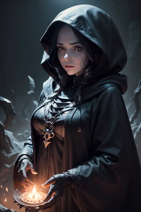 Create a frighteningly detailed and realistic depiction of the female hooded figure of Death. The scene is expected to feature a black silhouette with a skull on a face and a skeletal hand holding a menacing sickle. Esta figura sinistra deve ter como pano ...