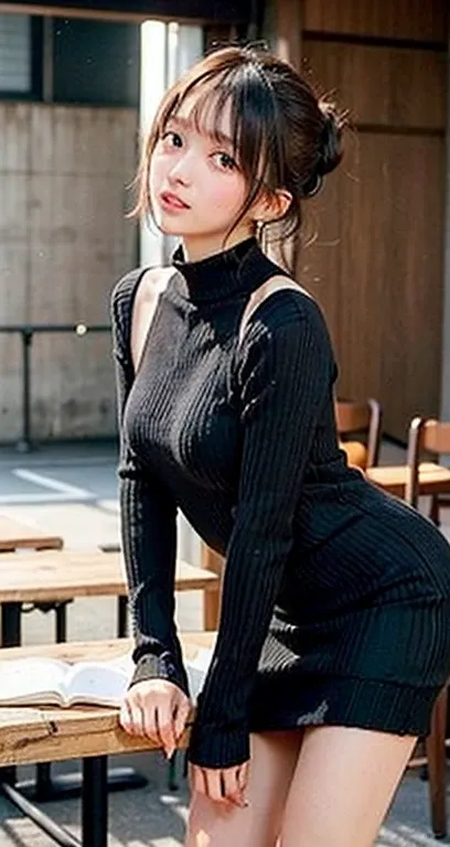 (((eyeをそらす,ponytail、口in教える))),(((((Black mock neck top、Black knit dress、Leaning forward、High heels))))),((図書館in、本を読んinいる))、Tabletop, One Girl, highest quality, Super detailed, (Shiny), (small)、(((with blush cheeks,))),Ray Tracing,Perfect lighting, (Milky s...