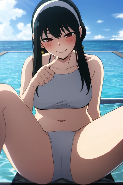 (masterpiece, highest quality: 1.2), alone, 1 girl, alone, bikini，Pool，blush，your heather, smile, Mouth closed, View your viewers, Long black hair, head band,  Earrings, Big Breasts, Medium Waist, Medium Hips, wide thighs, Embarrassing, Charm, smiling with...