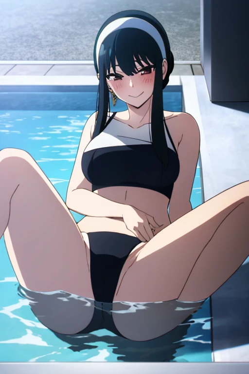 (masterpiece, highest quality: 1.2), alone, 1 girl, alone, bikini，Pool，blush，your heather, smile, Mouth closed, View your viewers, Long black hair, head band,  Earrings, Big Breasts, Medium Waist, Medium Hips, wide thighs, Embarrassing, Charm, smiling with...