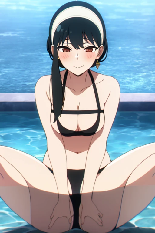 (masterpiece, highest quality: 1.2), alone, 1 girl, alone, bikini，Pool，blush，your heather, smile, Mouth closed, View your viewers, Long black hair, head band,  Earrings, Big Breasts, Medium Waist, Medium Hips, wide thighs, Embarrassing, Charm, smiling with...