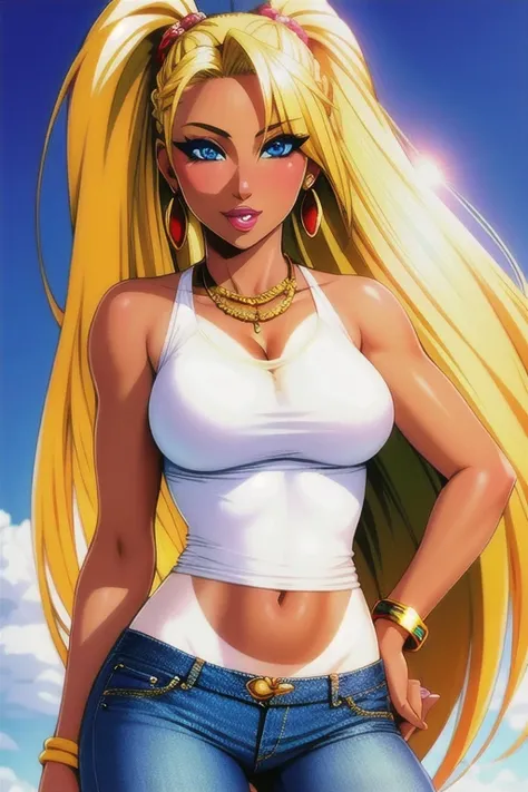 1girl, solo, blonde hair,  blue eyes, tan, ganguro, long hair, wearing a tshirt, denim jeans, tanlines, makeup, wristband, lipstick, jewelry