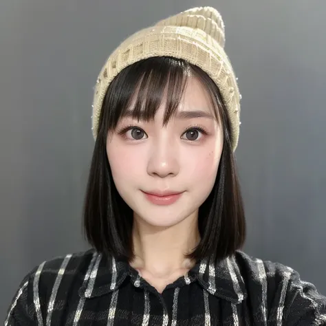 (kawaii 24 year-old Japanese girl, Nogizaka idol, Korean idol), (glossy black hair, short bob, even and symmetric hair design:1.3), (deep black eyes, rounded face, single eyelid, no makeup, soft smiling:1.2), (wearing check patterned longsleeved flannel sh...