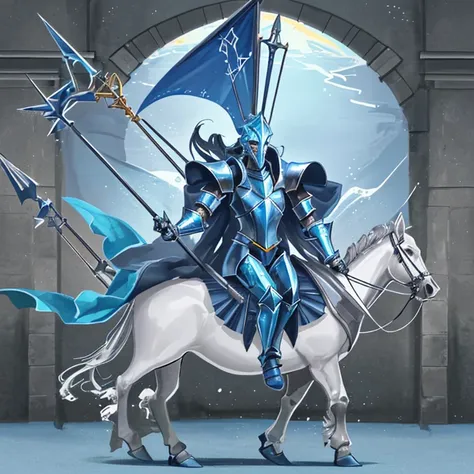 man looking like a sea creature with knight clothes wearing blue metal armor with a mounted cavalry spear and a trident in an ar...