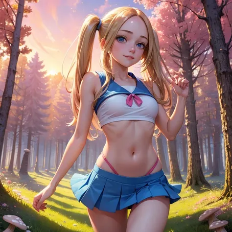 (masterpiece, best quality:1.4), (8K), Young blonde beauty, (((18 years old, neat girl))), detailed blue eyes, long eyelashes, blush, kind smile, horny, upper body,  wearing a pink and white shcool uniform crop top, underboob, small ass, slender thin legs,...