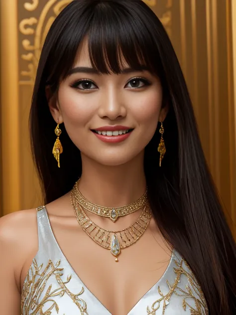 1woman 30year old, solo, long straight hair, bangs,looking at viewer,transparent slit chinese dress,detailed eyes, shy smile,jewelry, medium breasts, earrings,necklace, bracelet, lips, armlet, ((dynamic pose)), ((dynamic angle)),