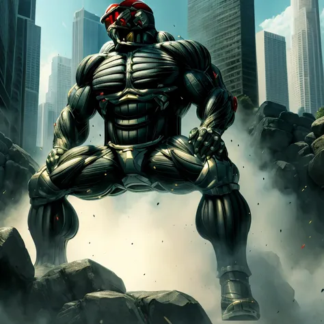 8K, Masterpiece, highres, future fiction. red visor, Detailed head, Detailed Body,full body, Detailed abs, wearing crNanosuit, big muscle (pecs, triceps, traps) unusually developed muscular body, body full of huge muscles. showing off muscles, pectorales e...