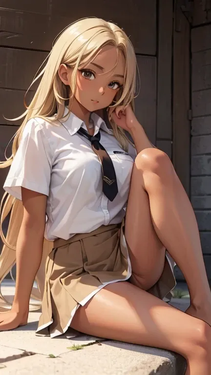 (masterpiece、highest quality、Super detailed)、1 adult lady、blonde long hair、Glowing Skin、((brown skin:1.5))、Mid-chest、((white collared shirt))、((miniskirt))、barefoot、whole body、very thick leg、sit、Knee Up