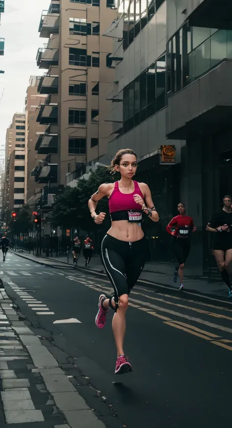 A cyborg girl is jogging down the street of a big city, passersby watching her with interest, high quality, Absurd, Masterpiece, Beautiful, complex parts, 1/2 body crops, slender body, Beautiful figure, Magnificent Anatomy, (complex parts:1.12), HDR, (comp...