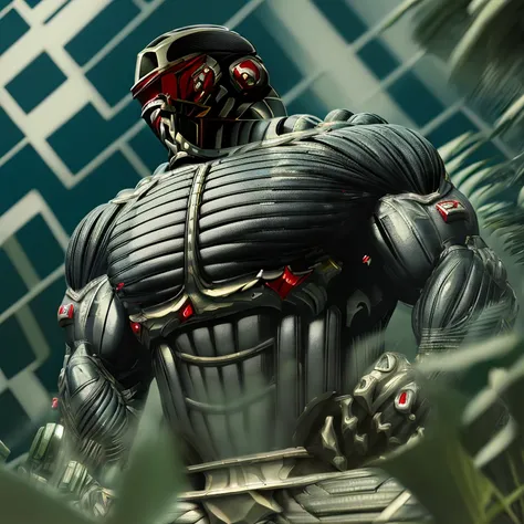 8K, Masterpiece, highres, future fiction. red visor, Detailed head, Detailed Body,full body, Detailed abs, wearing crNanosuit, big muscle (pecs, triceps, traps) unusually developed muscular body, body full of huge muscles. showing off muscles, pectorales e...