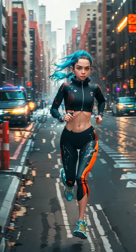 A cyborg girl is jogging down the street of a big city, passersby watching her with interest, high quality, Absurd, Masterpiece, Beautiful, complex parts, 1/2 body crops, slender body, Beautiful figure, Magnificent Anatomy, (complex parts:1.12), HDR, (comp...