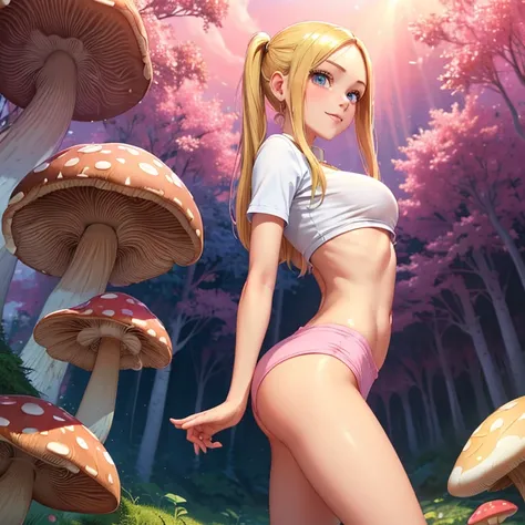 (masterpiece, best quality:1.4), (8K), Young blonde beauty, (((18 years old, neat girl))), detailed blue eyes, long eyelashes, blush, kind smile, horny, upper body, wearing a pink and white shcool uniform crop top, underboob, small ass, slender thin legs, ...