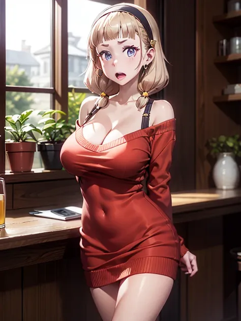 masterpiece, yor, 1girl, Bust A Cup, Amazing Cleavage:1.3, thin waist, big ass, Raised sexy, big breast: 1.2 posed cleavage:1.2、solo, looking at viewer, open mouth, have a cup of beerblack hair, red eyes, dress, bare shoulders, jewelry, collarbone, sideloc...