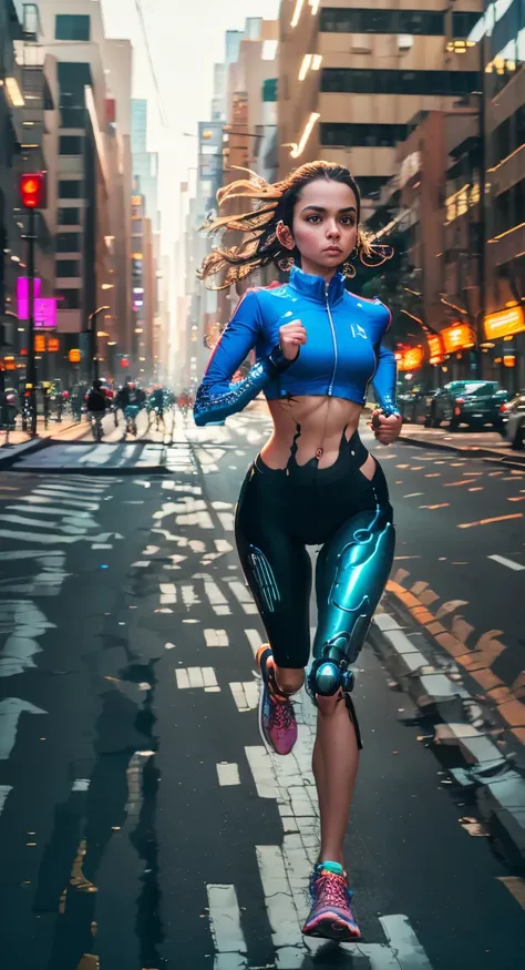 A cyborg girl is jogging down the street of a big city, passersby watching her with interest, high quality, Absurd, Masterpiece, Beautiful, complex parts, 1/2 body crops, slender body, Beautiful figure, Magnificent Anatomy, (complex parts:1.12), HDR, (comp...