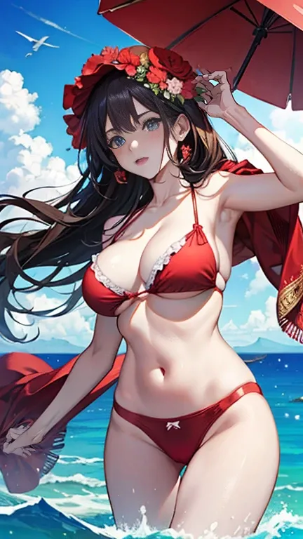 highest quality　Big Breasts　Beauty　Red cheeks　Swimwear　Ocean