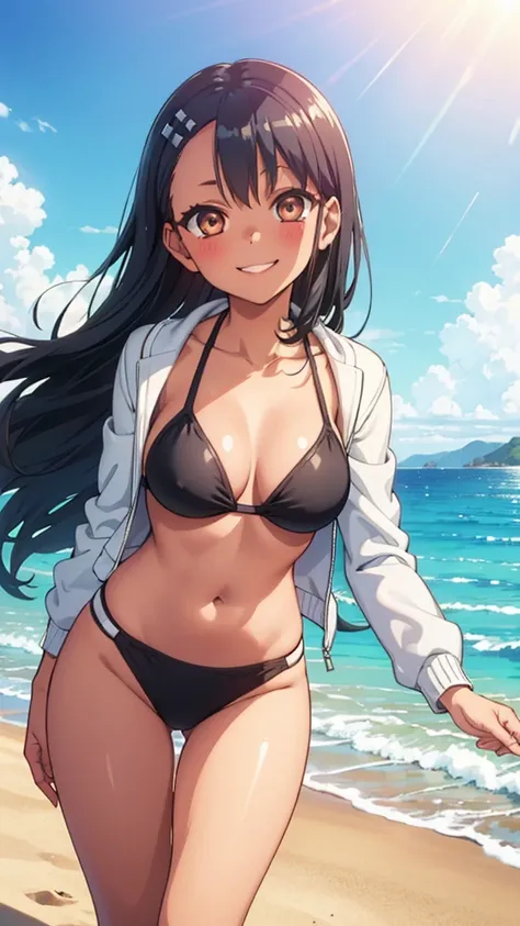 (best quality,8K,highres,masterpiece:1.2),extremely detailed,strong,confident,young girl,beautiful detailed eyes,beautiful detailed lips,long eyelashes,happy smile,black bikini,white jacket,walking on the beach,sole sunny day,perfect smile,clear blue sky,w...