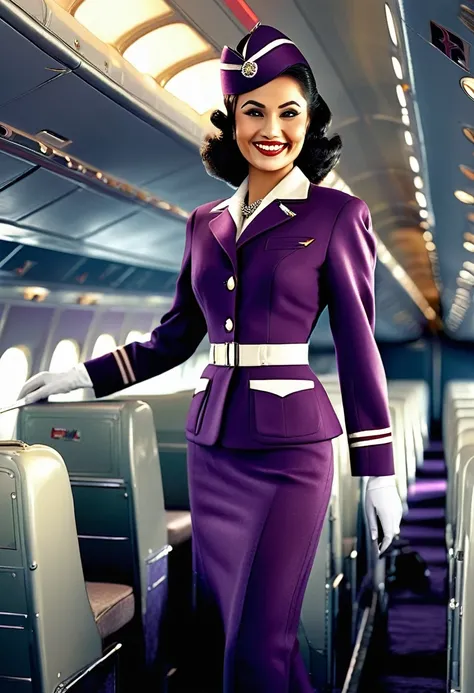 A captivating, high-quality rendering of a stunning young Indian smiling Stewardess, aged 33, with a beautiful, stylish 1958s Airline Uniform with purple jacket, dark purple trousers with a purple and dark-red sash running from left to right across her pur...