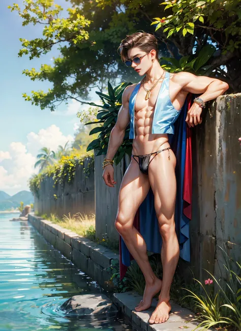 HD quality, high definition, male 18 years old handsome, muscular and slim, red lips, leaning against a water well, wearing only thong , and clerical clothes, model with bracelets, earrings and Necklace, wearing open vest, with sunglasses, fully nude and n...