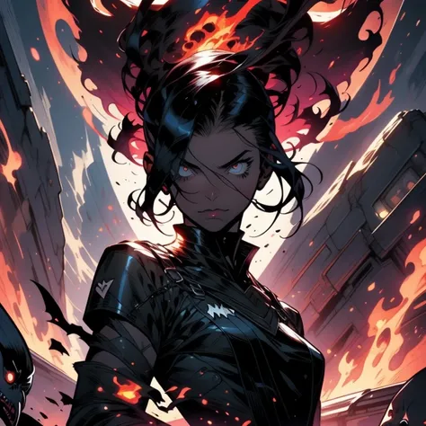 a man holding a gun on top of a hill, wearing black sith uniform, comic character design, oozing lava, by Paul Pelletier, cloaked woman, void 1a, class hunter, she has the head of a phoenix, nite - owl, black circle, cable