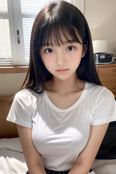 Junior high school girl,14 years old,Japanese Girls,White T-shirt,Big breasts:1.5,Black Hair,Long Hair,Soft lips,Fine skin,(Glowing Skin),(masterpiece:1.4),(highest quality:1.4),Bedroom,Looking at the camera