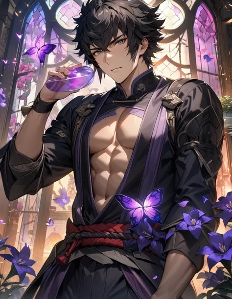 absurdres, highres, ultra detailed, HDR, master piece, best quality, Lonqu, black hair, expressive grey eyes, Fire Emblem Awakening, solo, sexy man, handsome, glass stained window, purple shining butterflies, purple lilies, purple petals, garden