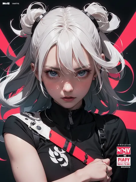 ((((dramatic))), (((gritty))), (((intense))) film poster featuring a young platinum white hair woman as the central character. She stands confidently in the center of the poster, wearing a stylish and edgy Harajuku-inspired hip hop outfit, with a determine...