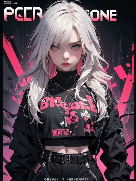 ((((dramatic))), (((gritty))), (((intense))) film poster featuring a young platinum white hair woman as the central character. She stands confidently in the center of the poster, wearing a stylish and edgy Harajuku-inspired hip hop outfit, with a determine...