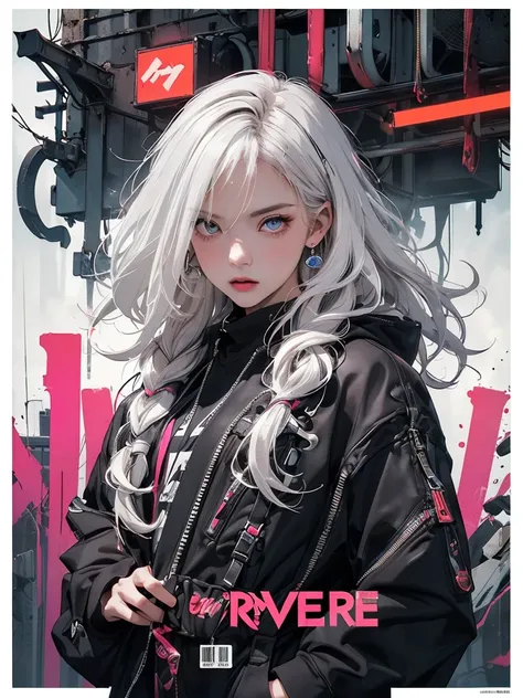 ((((dramatic))), (((gritty))), (((intense))) film poster featuring a young platinum white hair woman as the central character. She stands confidently in the center of the poster, wearing a stylish and edgy Harajuku-inspired hip hop outfit, with a determine...