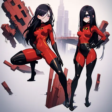 (full body),masterpiece, highest quality, one girl, violet par,  long hair, black hair,  hair on one eye,  (red hero suit)，red b...