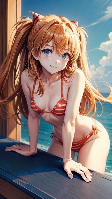 Perfect Face、Asuka Langley、Ample breasts、Slim fit、bikini、The viewpoint is the front、looking at the camera、Smiling and talking、Arms folded and placed on the desk、